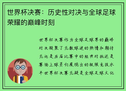 世界杯决赛：历史性对决与全球足球荣耀的巅峰时刻