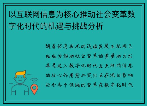 以互联网信息为核心推动社会变革数字化时代的机遇与挑战分析